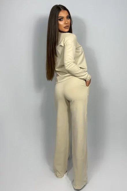 Women's Cotton Two-Piece Set, Florence Beige, Featuring Stud-Embellished Blouse and Relaxed-Fit Trousers