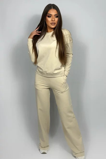 Women's Cotton Two-Piece Set, Florence Beige, Featuring Stud-Embellished Blouse and Relaxed-Fit Trousers