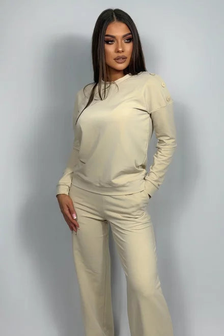 Women's Cotton Two-Piece Set, Florence Beige, Featuring Stud-Embellished Blouse and Relaxed-Fit Trousers