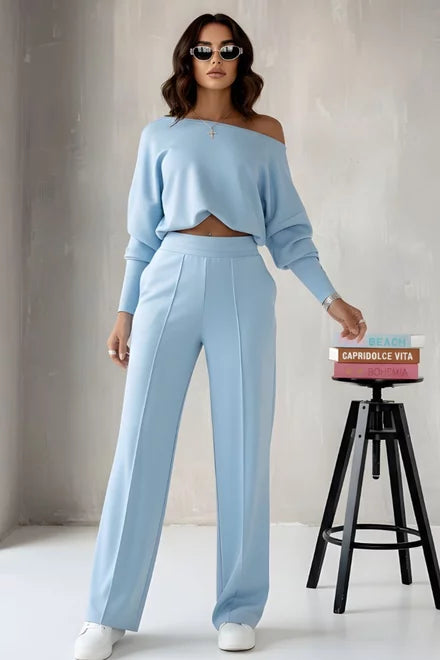 Women's Cotton Two-Piece Set: Relaxed Blouse and Trousers by Elyrre, Blue