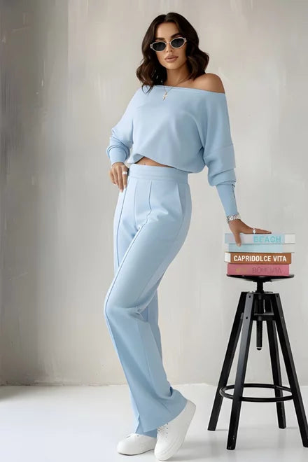 Women's Cotton Two-Piece Set: Relaxed Blouse and Trousers by Elyrre, Blue