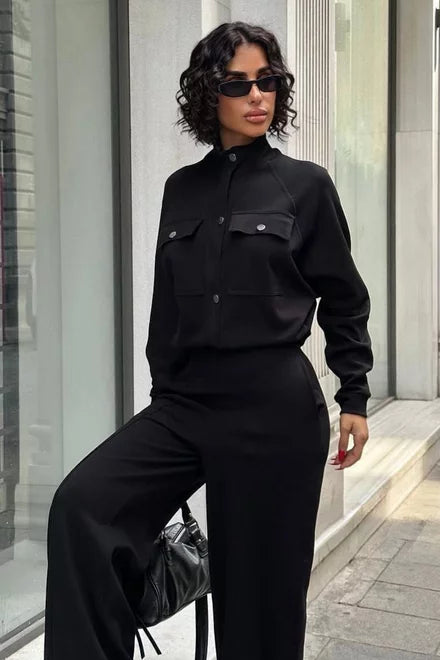 Maryolla Women's Cotton Two-Piece Set: Snap-Button Jacket and Long Trousers, Black