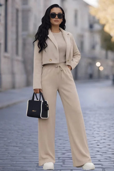 Women's Cotton Two-Piece Set: Cropped Blazer and Relaxed Trousers, Fridayy, Cappuccino