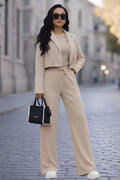 Women's Cotton Two-Piece Set: Cropped Blazer and Relaxed Trousers, Fridayy, Cappuccino