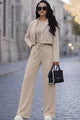 Women's Cotton Two-Piece Set: Cropped Blazer and Relaxed Trousers, Fridayy, Cappuccino