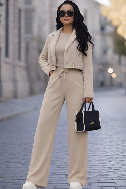 Women's Cotton Two-Piece Set: Cropped Blazer and Relaxed Trousers, Fridayy, Cappuccino