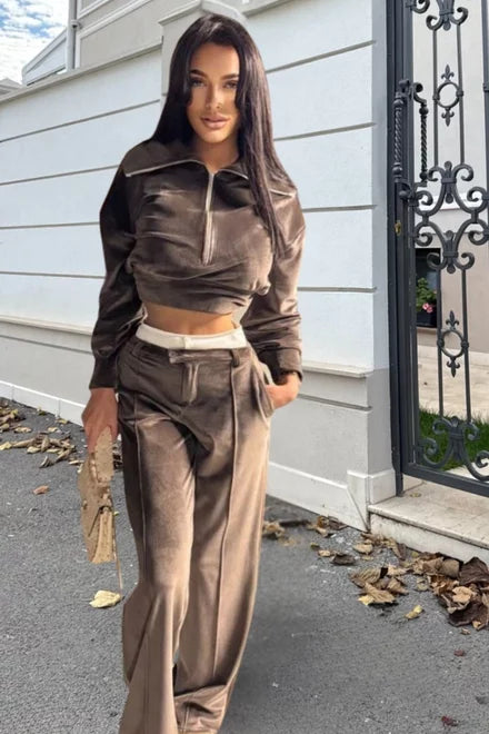 Women's Two-Piece Velvet Set: High-Waisted Trousers and Zippered Blouse, Dark Brown, Cartter