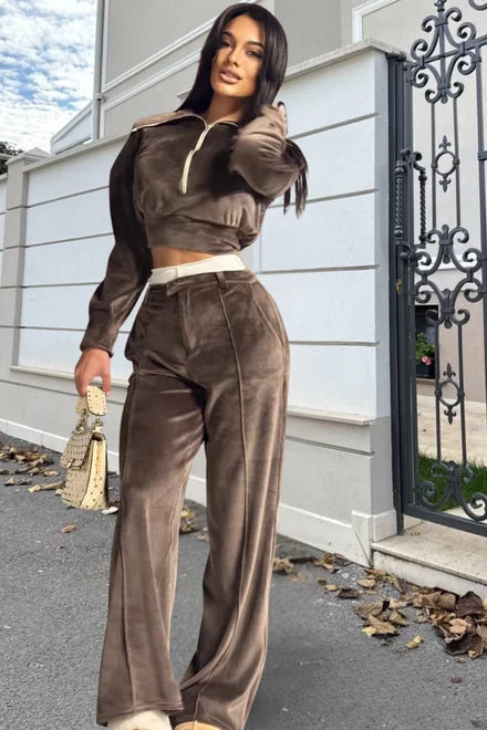 Women's Two-Piece Velvet Set: High-Waisted Trousers and Zippered Blouse, Dark Brown, Cartter