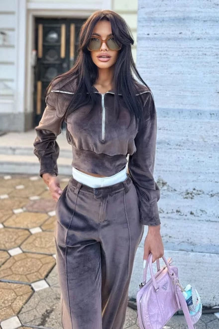 Women's Two-Piece Velvet Set: High-Waisted Trousers and Zippered Blouse, Dark Brown, Cartter