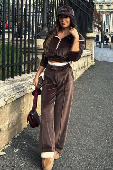 Women's Two-Piece Velvet Set: High-Waisted Trousers and Zippered Blouse, Dark Brown, Cartter