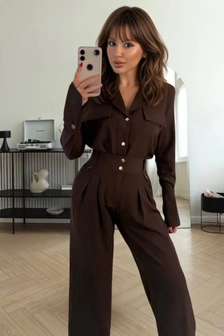 Women's Two-Piece Set: High-Waisted Trousers and Button-Down Shirt, Caramel Brown