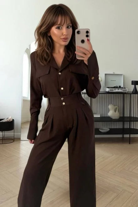 Women's Two-Piece Set: High-Waisted Trousers and Button-Down Shirt, Caramel Brown