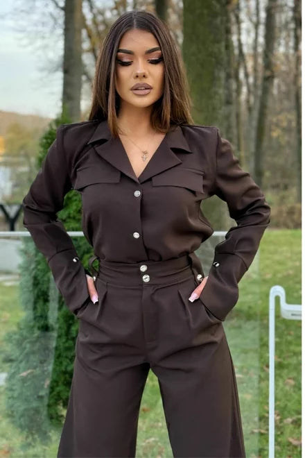 Women's Two-Piece Set: High-Waisted Trousers and Button-Down Shirt, Caramel Brown