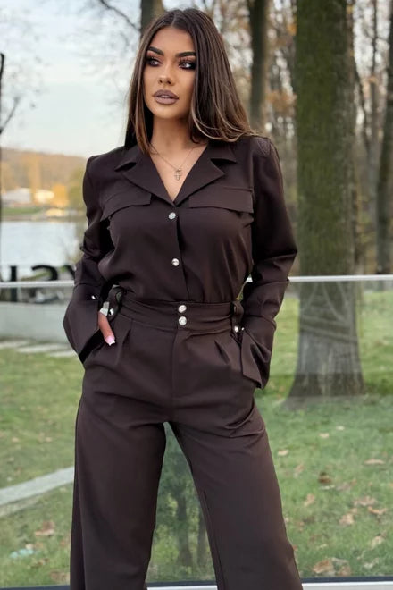Women's Two-Piece Set: High-Waisted Trousers and Button-Down Shirt, Caramel Brown