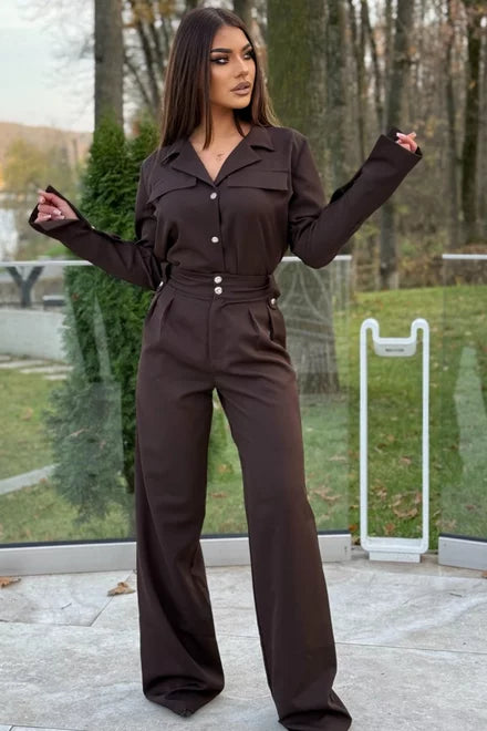 Women's Two-Piece Set: High-Waisted Trousers and Button-Down Shirt, Caramel Brown