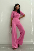 Women's Jersey Polo Shirt and Flared Maxi Trousers Set, Marionna, Pink
