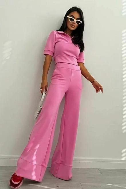 Women's Jersey Polo Shirt and Flared Maxi Trousers Set, Marionna, Pink