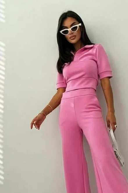 Women's Jersey Polo Shirt and Flared Maxi Trousers Set, Marionna, Pink