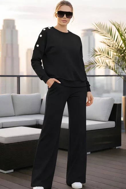 Women's Two-Piece Cotton Lounge Set with Studded Blouse and Relaxed Fit Trousers, Kallyes, Black