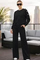 Women's Two-Piece Cotton Lounge Set with Studded Blouse and Relaxed Fit Trousers, Kallyes, Black