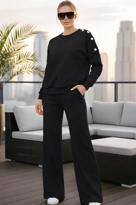 Women's Two-Piece Cotton Lounge Set with Studded Blouse and Relaxed Fit Trousers, Kallyes, Black