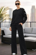 Women's Two-Piece Cotton Lounge Set with Studded Blouse and Relaxed Fit Trousers, Kallyes, Black