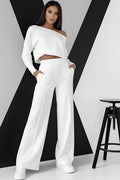 Evanie Two-Piece Ivory Cotton Set: Long Sleeve Top and Trousers