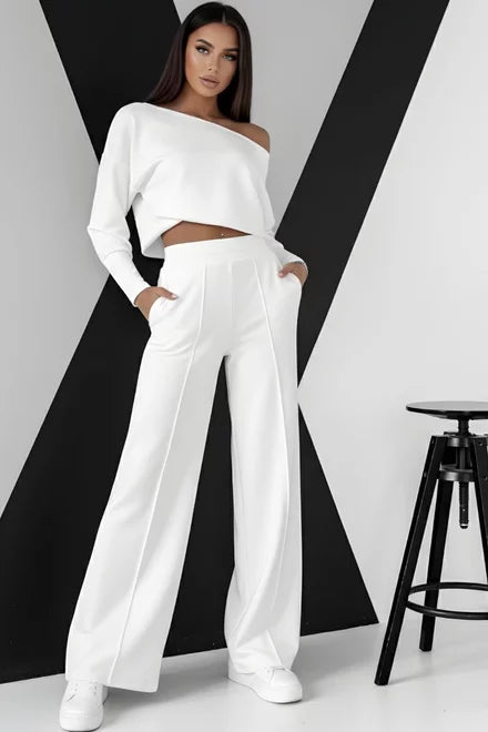 Evanie Two-Piece Ivory Cotton Set: Long Sleeve Top and Trousers