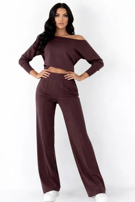 Two-Piece Cotton Lounge Set: Relaxed Fit Blouse and Trousers in Brown by Myreie