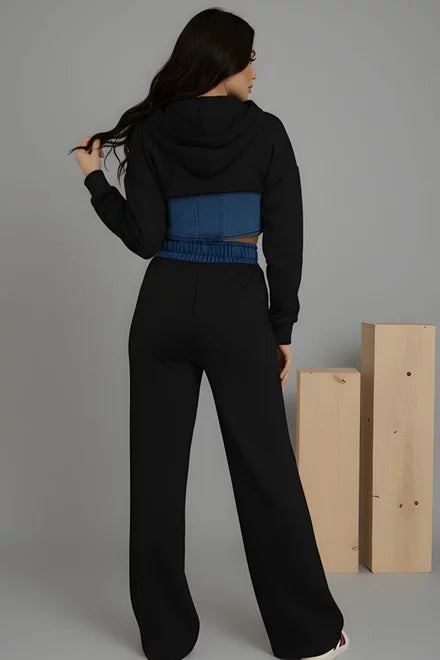 Women's Two-Piece Cotton and Denim Casual Set, London Style, Black