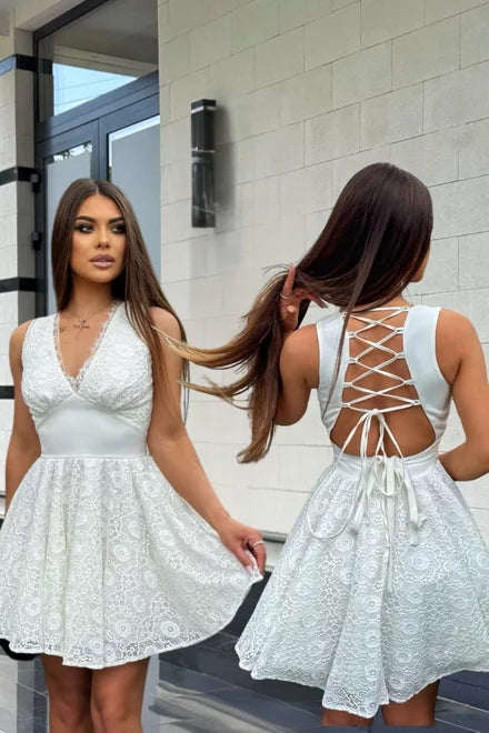 Melly Women's Short White Lace Dress with Adjustable Lace-Up Detail