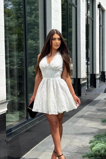 Melly Women's Short White Lace Dress with Adjustable Lace-Up Detail