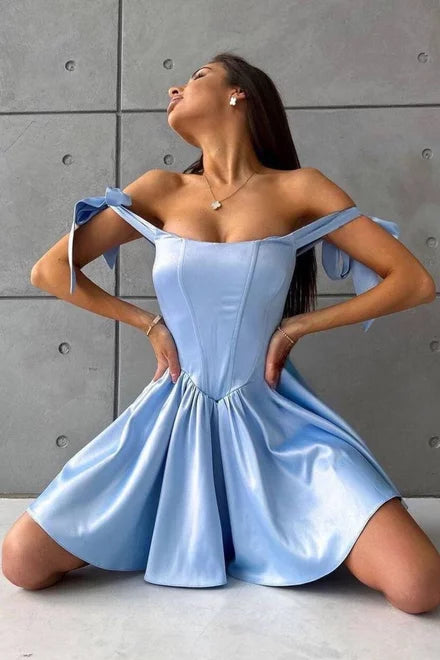 Elegant Blue BabyDoll Occasion Dress with Bow Straps and Adjustable Corset