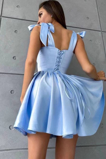 Elegant Blue BabyDoll Occasion Dress with Bow Straps and Adjustable Corset