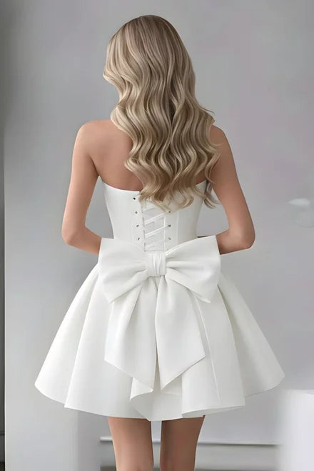 Roxenne Women's Short Ivory Dress with Adjustable Corset, Matte Bistrech Fabric, and Maxi Bow Back Detail