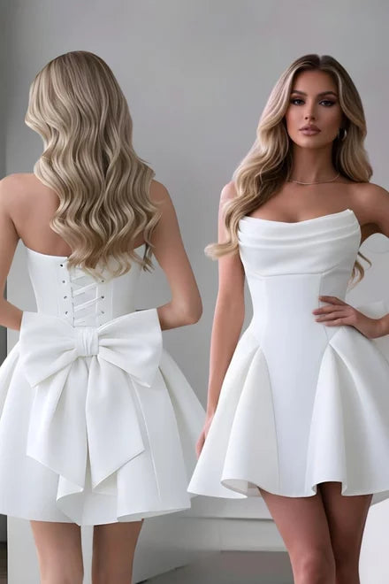 Roxenne Women's Short Ivory Dress with Adjustable Corset, Matte Bistrech Fabric, and Maxi Bow Back Detail