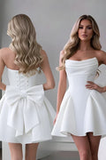 Roxenne Women's Short Ivory Dress with Adjustable Corset, Matte Bistrech Fabric, and Maxi Bow Back Detail