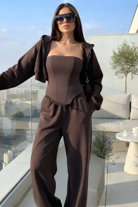 Kendaya Women's 3-Piece Tracksuit Set: Adjustable Corset, Cropped Hoodie, and Relaxed Fit Pants, Brown