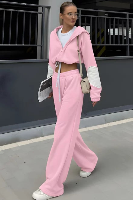 Varvarra Women's Cotton Tracksuit, Pink Hoodie with White Detail and Loose-Fit Joggers