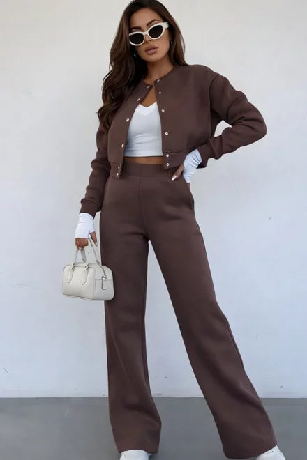Women's Cotton Tracksuit, Snap-Button Jacket and Pocketed Joggers, Power Collection, Brown