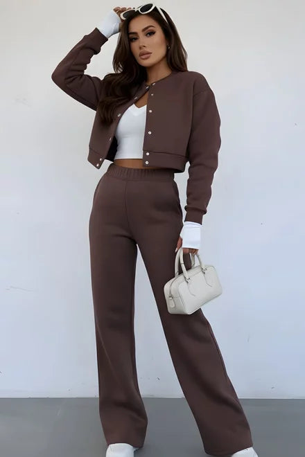 Women's Cotton Tracksuit, Snap-Button Jacket and Pocketed Joggers, Power Collection, Brown