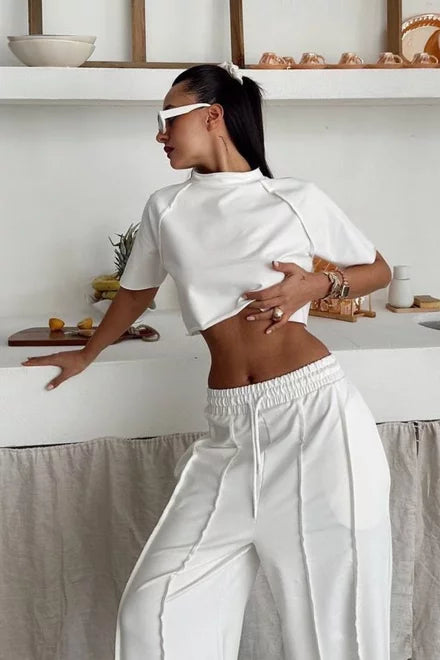 TrueMotion Women's Cotton Tracksuit with Cropped T-Shirt and Loose Pants with Contrast Stitching, White
