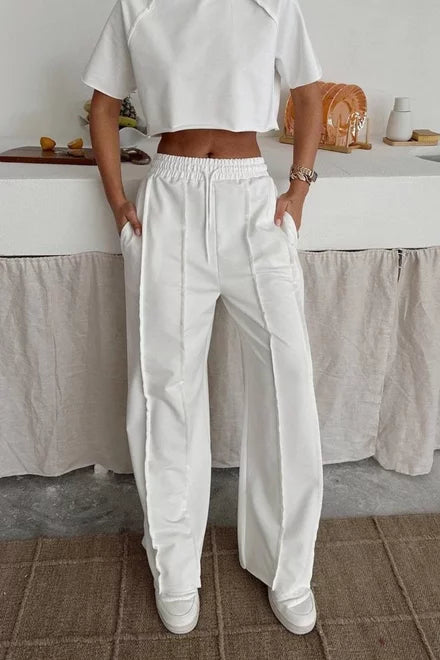 TrueMotion Women's Cotton Tracksuit with Cropped T-Shirt and Loose Pants with Contrast Stitching, White