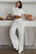 TrueMotion Women's Cotton Tracksuit with Cropped T-Shirt and Loose Pants with Contrast Stitching, White
