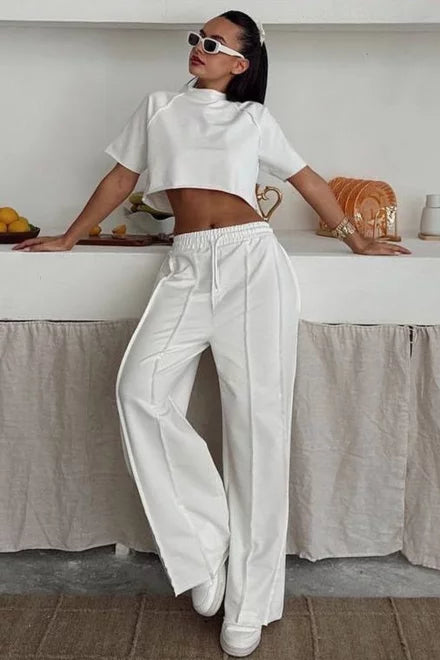 TrueMotion Women's Cotton Tracksuit with Cropped T-Shirt and Loose Pants with Contrast Stitching, White