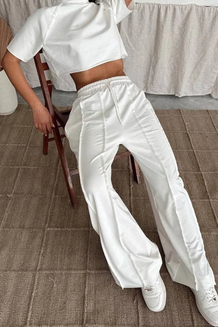 TrueMotion Women's Cotton Tracksuit with Cropped T-Shirt and Loose Pants with Contrast Stitching, White
