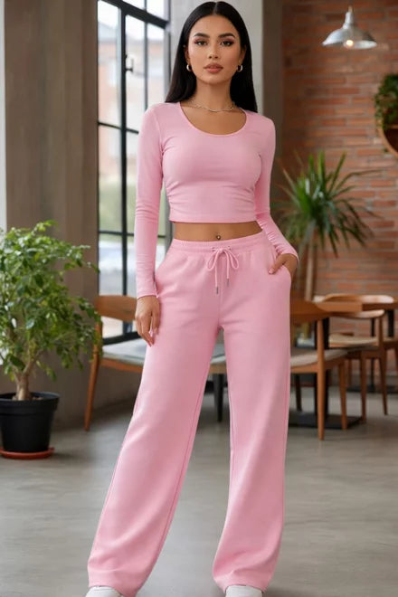 Women's Two-Piece Tracksuit Set, Loose Fit Pullover and Trousers, Kelly Style, Pink