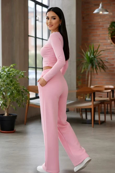 Women's Two-Piece Tracksuit Set, Loose Fit Pullover and Trousers, Kelly Style, Pink