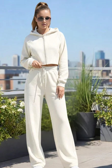 Women's Two-Piece Loungewear Set: Hooded Sweatshirt and Relaxed Fit Joggers, Adorable Style, Ivory