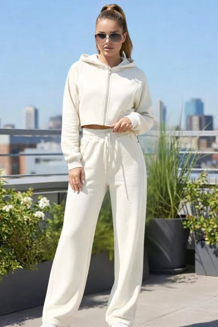 Women's Two-Piece Loungewear Set: Hooded Sweatshirt and Relaxed Fit Joggers, Adorable Style, Ivory